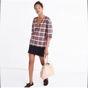 Madewell Morningview Tie-Sleeve Shirt in Burgundy Plaid
